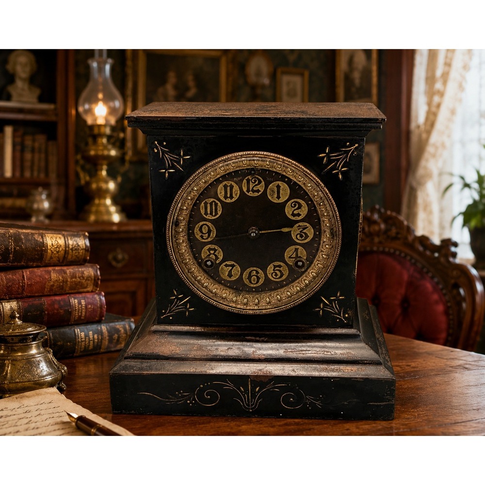 Antique Ansonia Mantel Clock Black Gold Floral 1882 Patent Victorian Decor
